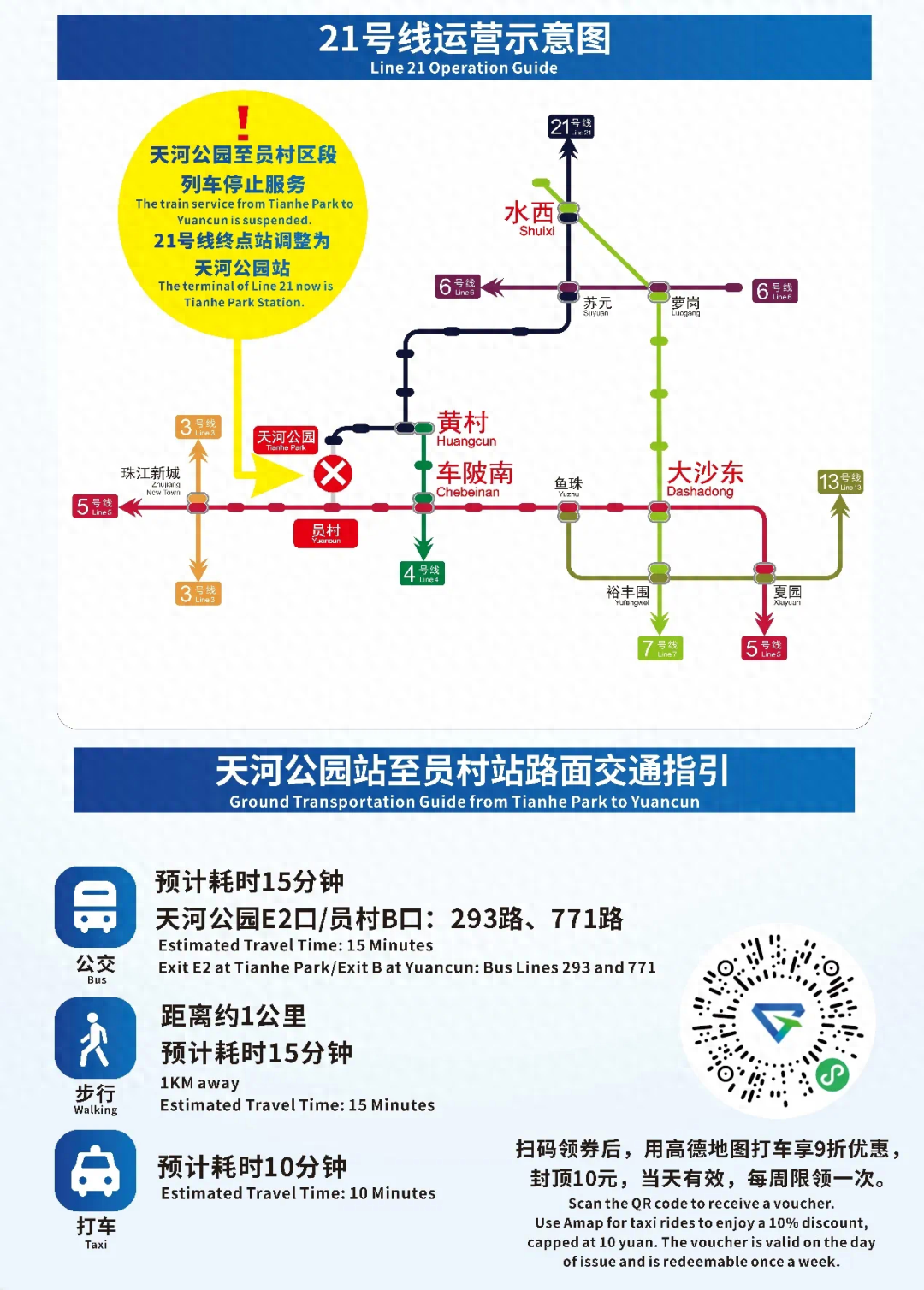 国庆假期后首个工作日，21 号线天河公园至员村区段列车停止服务，你知道如何换乘吗？  第1张