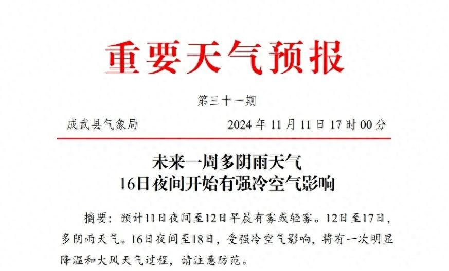 2024 年 11 月 日成武重要天气预报！大雾、阴雨、大风降温齐上阵  第1张
