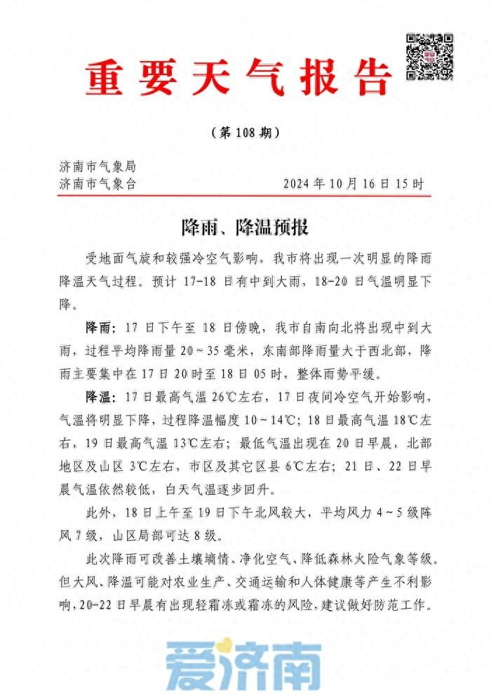 注意！济南将迎中到大雨和大幅降温，阵风 7 级  第1张