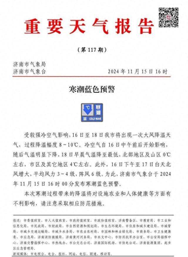 大降温！济南发布寒潮蓝色预警，阵风 6 级，局地最低温仅 0℃  第1张