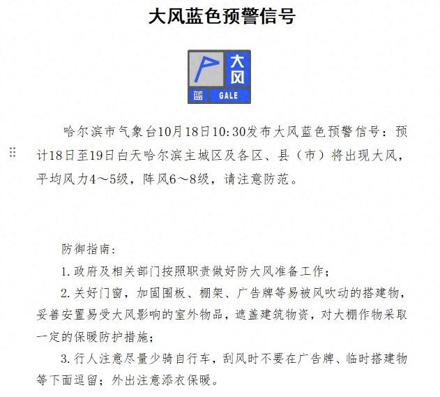 19 日冰城大幅降温，大风蓝色预警！周日夜间或有小雨，注意防寒保暖  第1张