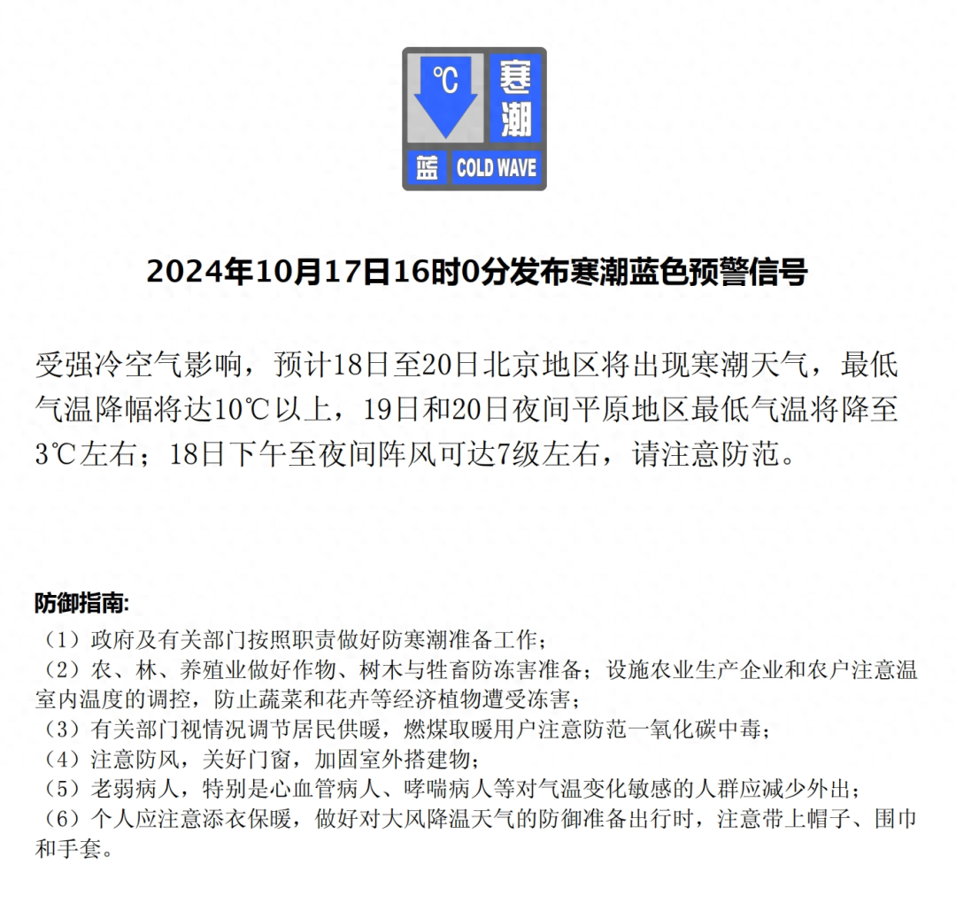强冷空气来袭！北京气温骤降 10℃以上，最低气温将降至 3℃左右，你准备好了吗？  第1张