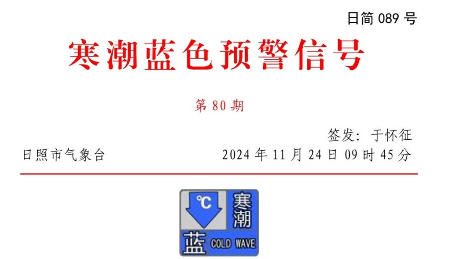 日照市寒潮蓝色预警发布，25-27日气温骤降8°C，大风来袭，市民需做好防寒准备  第2张
