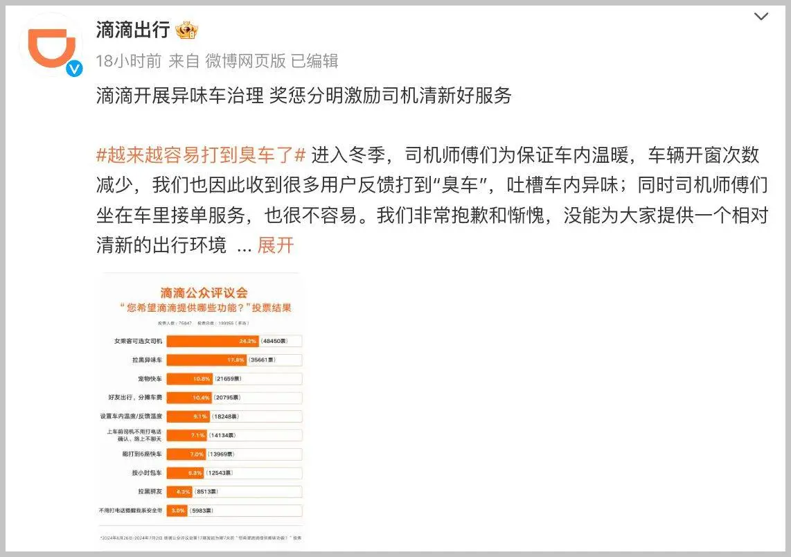 冬季网约车异味频发，滴滴深夜致歉并推出治理新举措
