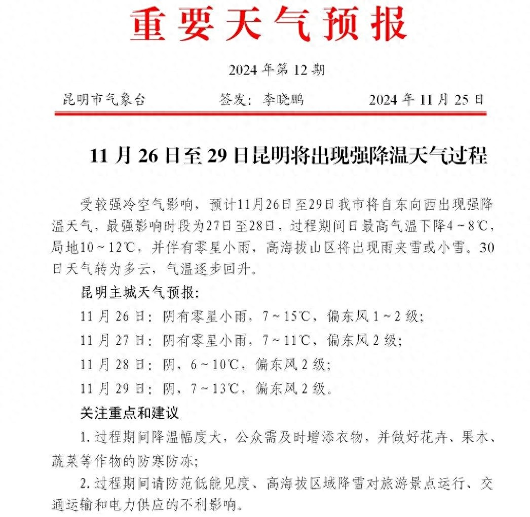 昆明寒潮来袭！大棉袄穿脱自如，高海拔山区雨夹雪预警，你准备好了吗？  第1张