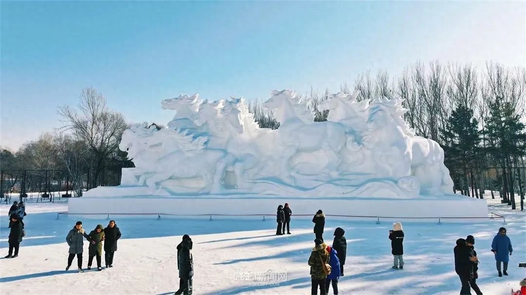 震撼！32米巨型雪雕八骏踏雪亮相太阳岛，八匹骏马踏破雪浪的磅礴气势令人惊叹