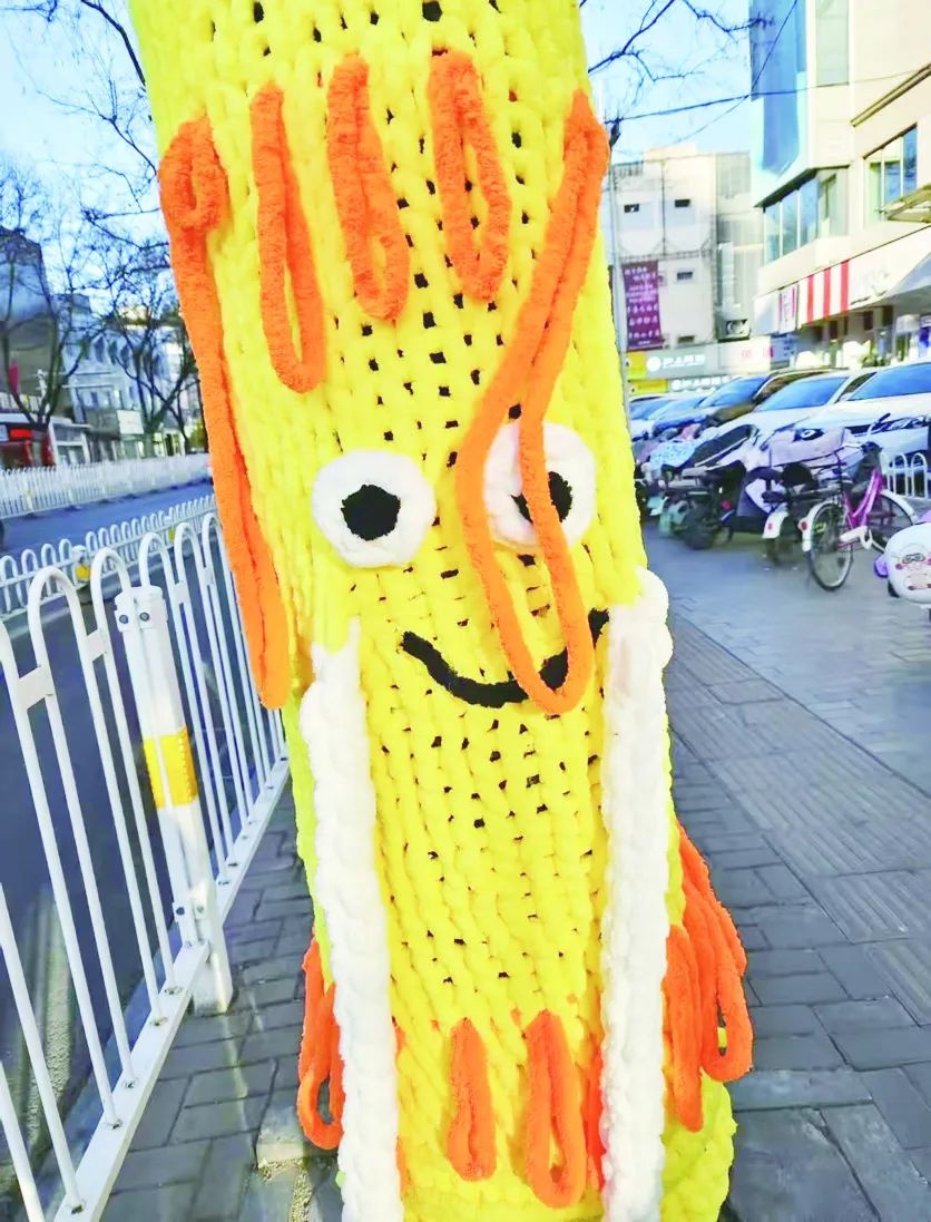 冬日暖心奇景！潞州区英雄中路六棵大树穿上多巴胺毛衣，市民纷纷打卡拍照  第2张