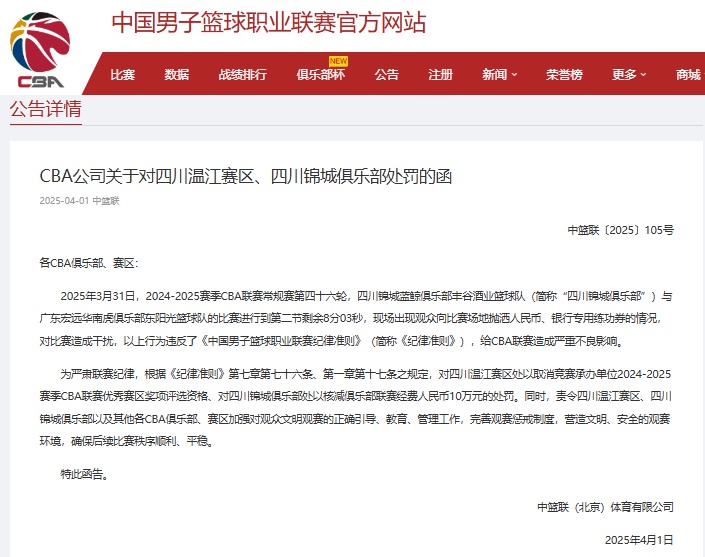 CBA重磅罚单！四川赛区因球迷撒钱被罚10万，优秀赛区资格被取消  第1张