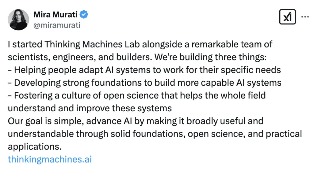 OpenAI前CTO米拉·穆拉蒂新公司成立，Thinking Machines Lab将颠覆AI行业？