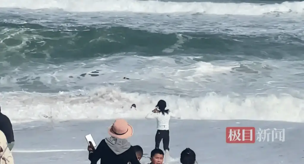 海南海滩小女孩被巨浪卷走，白衣小哥能否救回？